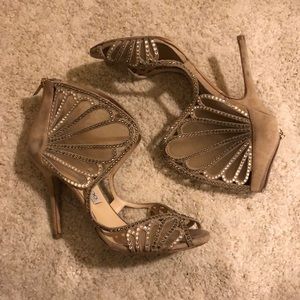 Jimmy Choo Mesh Suede Sequin Open Toe Sandal Heel Size 38.5